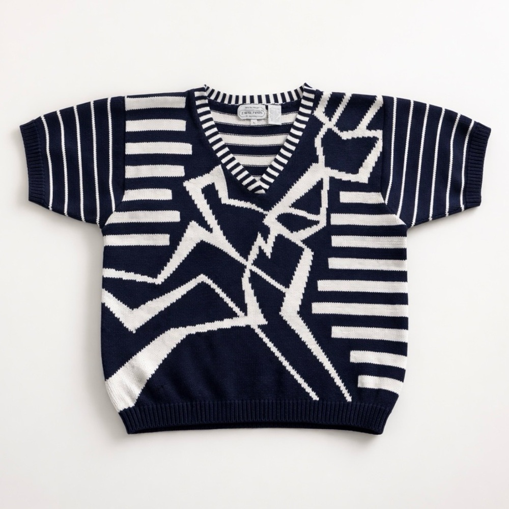 Vintage Jeanne Pierre Navy & White Graphic Knit Top S | Short Sleeve V-Neck - Picture 3 of 8